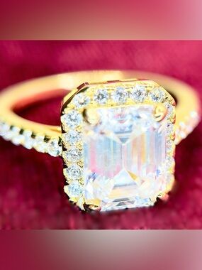 Gold Halo Emerald-Cut Ring with Clear Center Stone - Women Jewelry